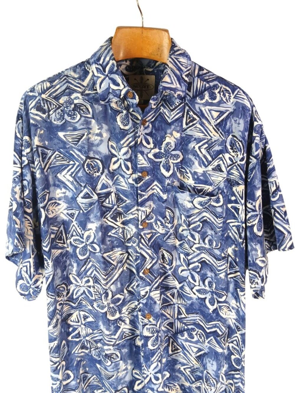 Trading Sunset Blue White Hawaiian Shirt XL Short Sleeve Button Mens Batik Print - Picture 3 of 9